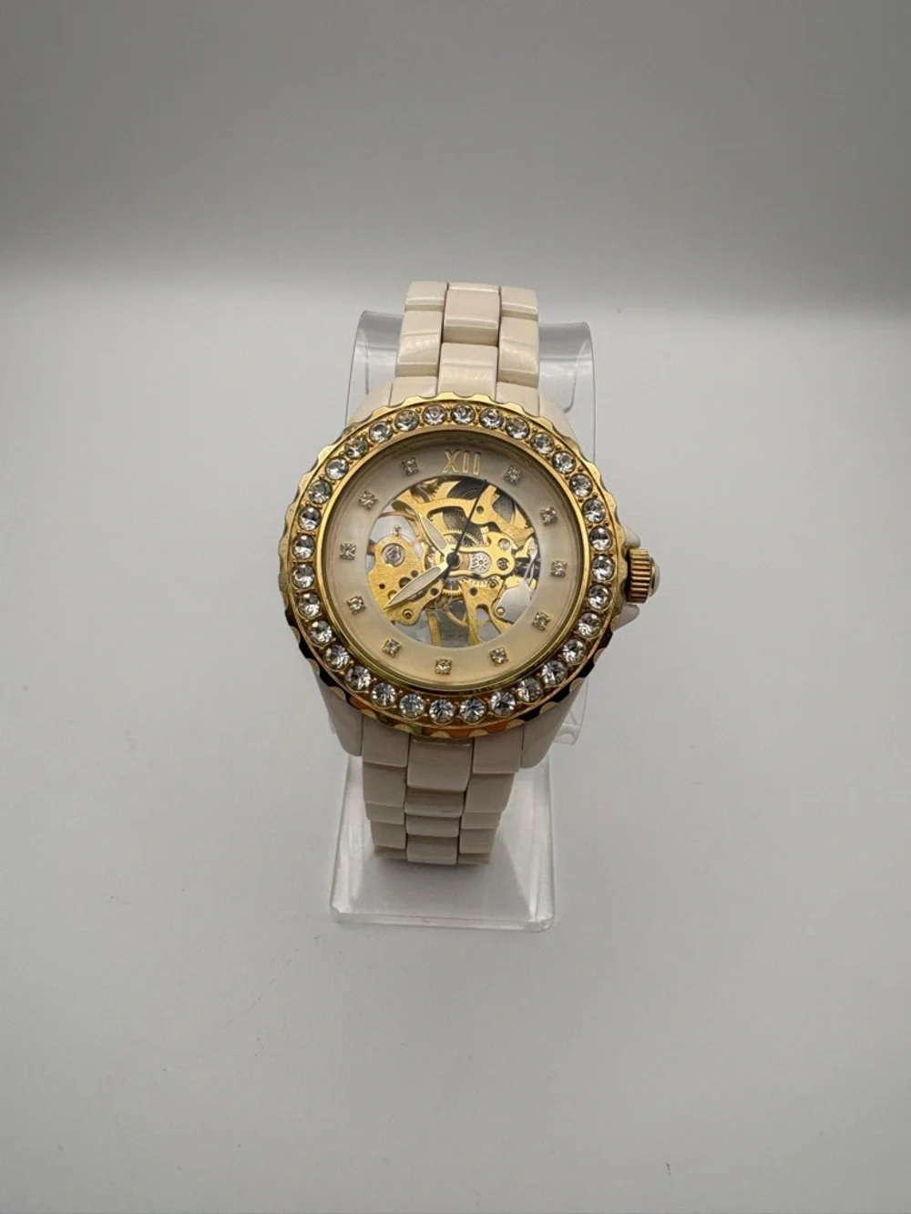 Adrienne Gold‎ Skeleton Dial Watch with Ceramic Band New Battery Works!